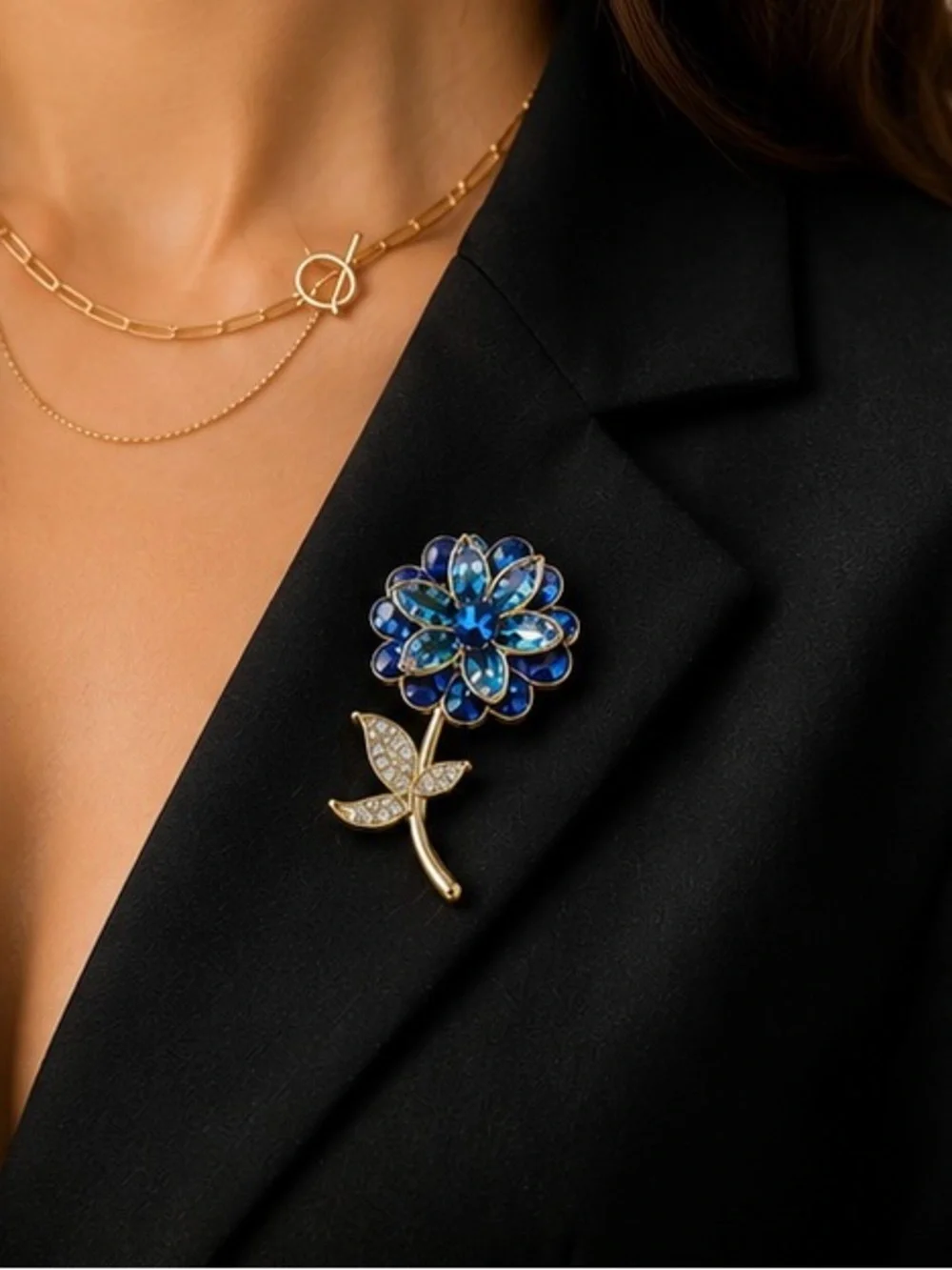 L'Oreal Blue Crystal Flower Brooch with Gold Stem